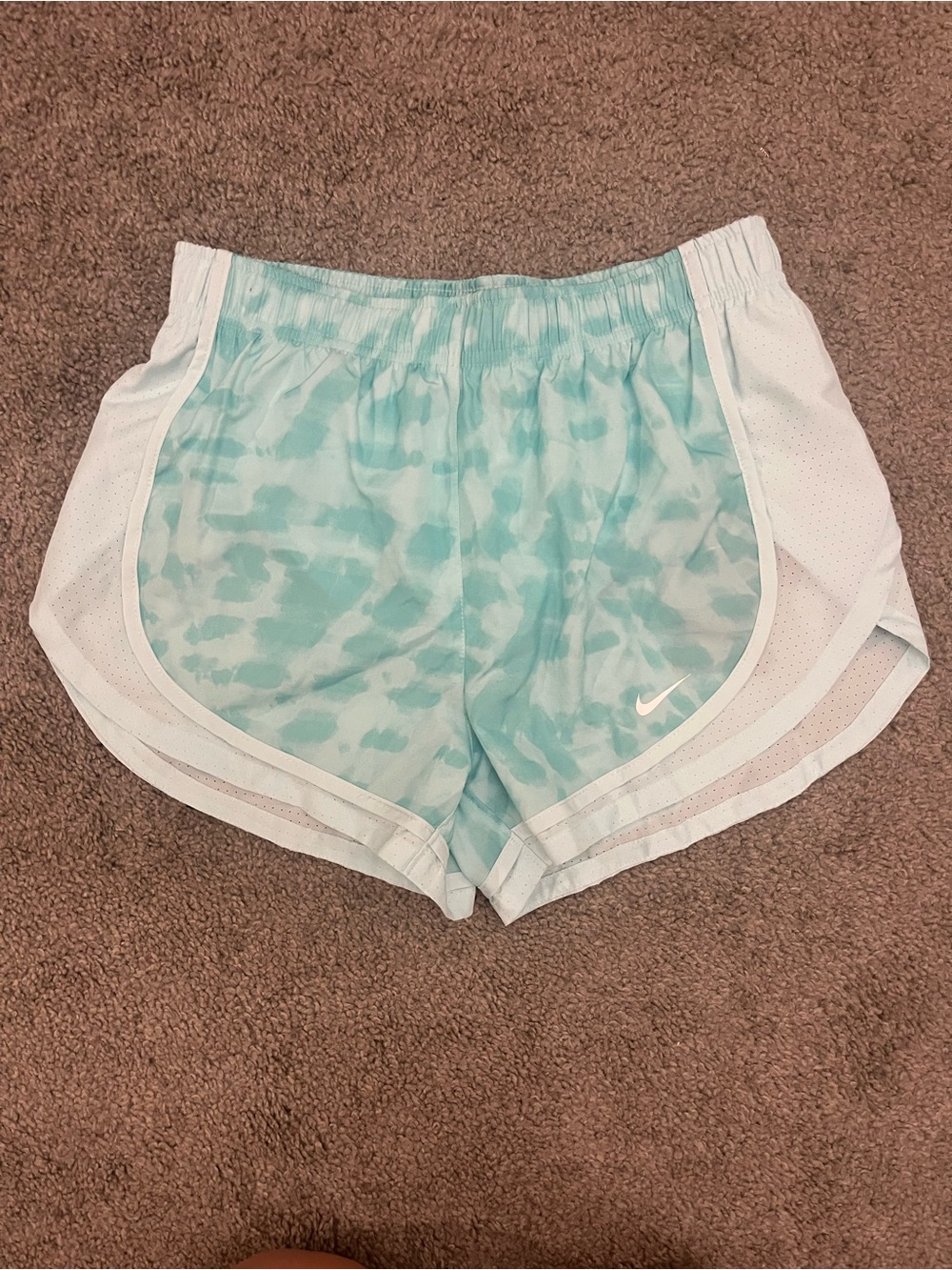 Nike Women's Aqua Tie-Dye Athletic Shorts with White Trim